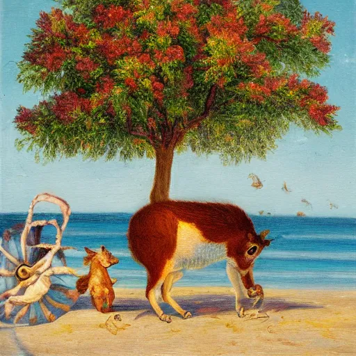 Image similar to napoleon riding a squirrel on the beach with crepe myrtles in the background, oil painting