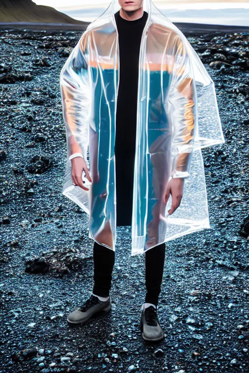 Image similar to an ultra high definition professional high fashion portrait studio full length photograph of a male model wearing a transparent pearlescent raincoat and neon visor in an icelandic black rock environment at dawn. no artefacts. extremely detailed. stark. refraction. shallow depth of field. volumetric light and shadow. ray tracing. light rays.