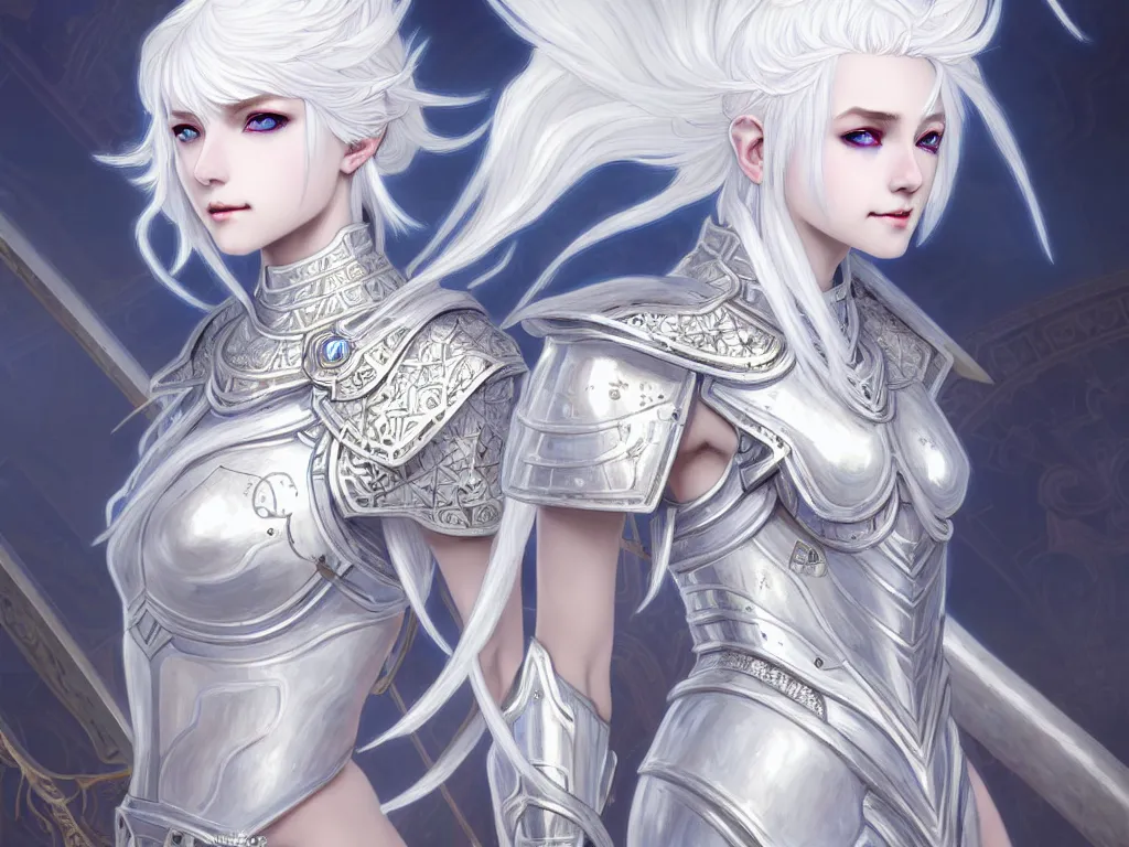 Image similar to portrait white hair knights of zodiac girl, matt white ice color armor, in ruined agora of athens sunrise, ssci - fi and fantasy, intricate and very beautiful and elegant, highly detailed, digital painting, artstation, concept art, smooth and sharp focus, illustration, art by ayanamikodon and tian zi and alphonse mucha