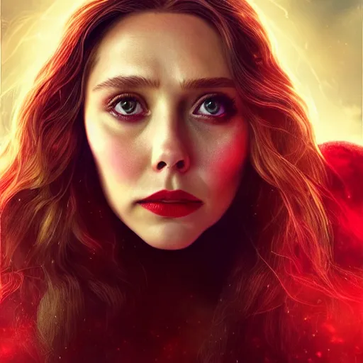 Image similar to A portrait of elizabeth Olsen as scarlet witch with the scarlet witch headpiece, cinematic, digital art, amazing detail