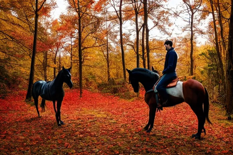 Prompt: attractive man riding a horse in the woods with falling red leaves, ghibli style