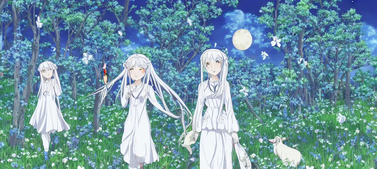 Image similar to illyasviel walking through enchanted ghibli clover | Big Moon at Blue Night | Trees with white flowers | bioluminescent blue FLOWERS | strong blue rimlit | visual-key | anime illustration | highly detailed High resolution | Light Novel | Visual Novel | In the style of Miyama-Zero, Yuuki Hagure