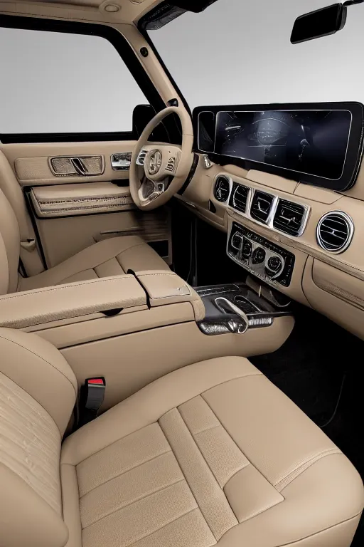 Prompt: Interior photo of a 2018 Mercedes-Benz G63, beige leather, highly detailed, natural light.