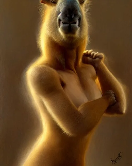 Prompt: beautiful portrait of a muscular female anthro capybara wearing a tanktop exercising in the gym. gymcore, female fursona, furry, furaffinity, 4 k devinatart. very expressive, by gaston bussiere, craig mullins