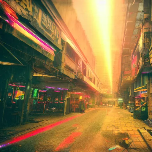 Image similar to go pro camera photo with chromatic aberration of a cyberpunk dystopian city with sunshaft and dramatic colorful lighting and god rays, Kodak Ektachrome E100 Film,