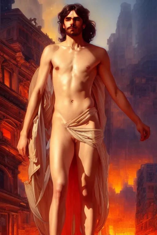 Image similar to full body portrait of beautiful greek god, standing amidst a blazing city, tattered robes, by terry o'neill intricate, elegant, highly detailed, digital painting, glistening skin, artstation, concept art, smooth, sharp focus, bright lighting, illustration, art by artgerm and greg rutkowski and alphonse mucha, 8 k