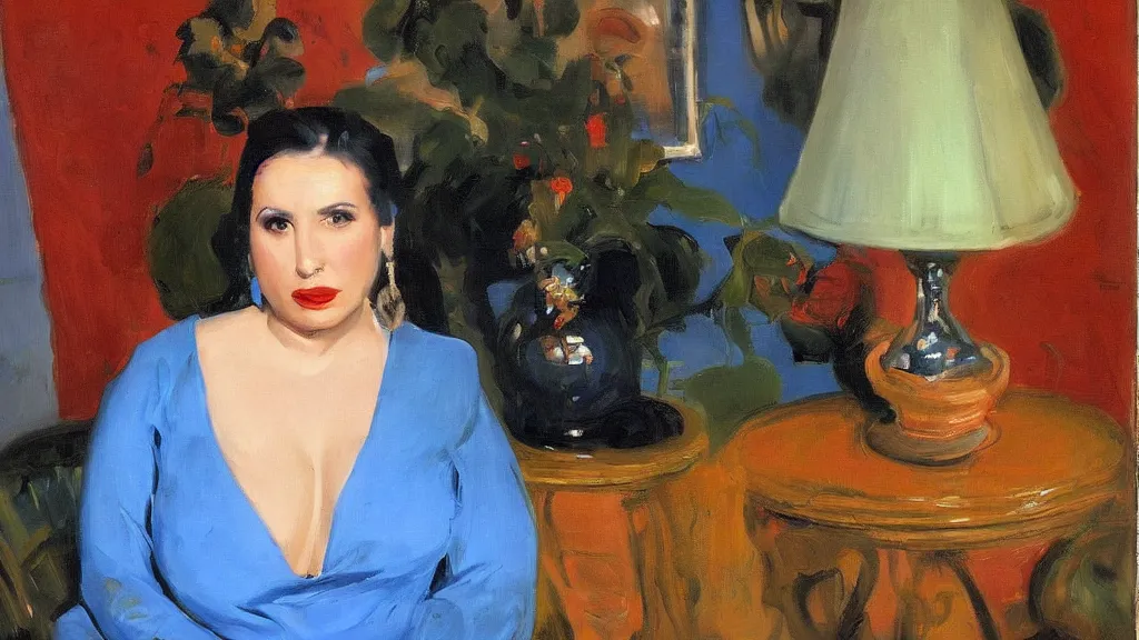 Image similar to portrait of rebekah delrio in mulholland drive, big persian blue pot, blue and red lights painted by john singer sargent