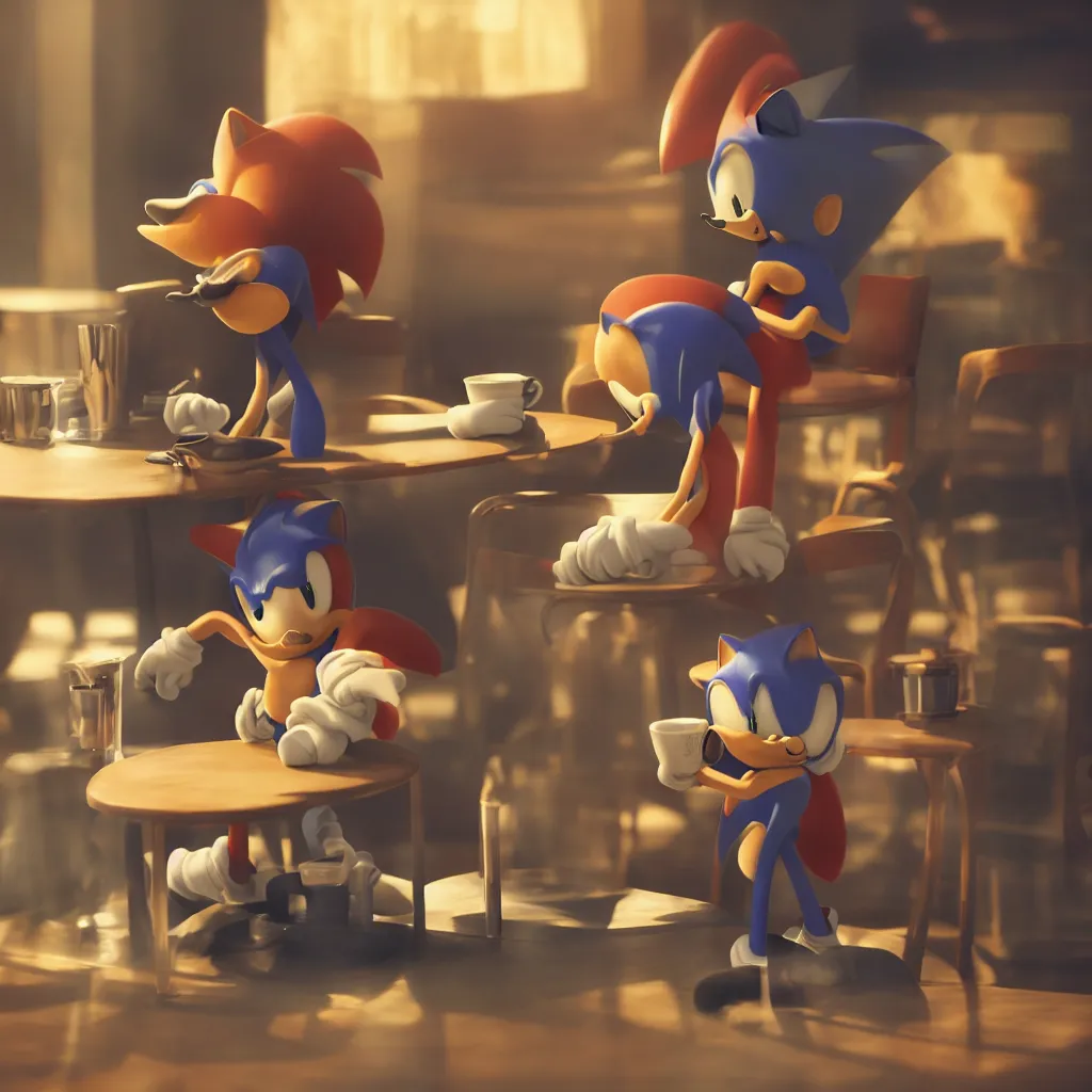 Prompt: Sonic having a cup of tea at starbucks. Beautiful composition, 3d render trending on artstation, medium shot, indoor smooth light