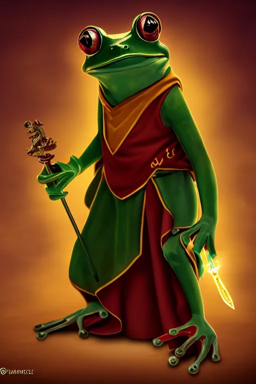 Image similar to frog mage in a gryffindor form with a magic wand, in hogwarts, high details, volume light, best composition, 4 k