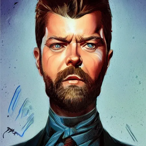 Image similar to beautiful portrait of a man with a short-beard blue eyes(looking like joshua jackson and aaron paul, sean bean), in the style of Enki Bilal and Joe Jusko and Alex Ross, trending on artstation