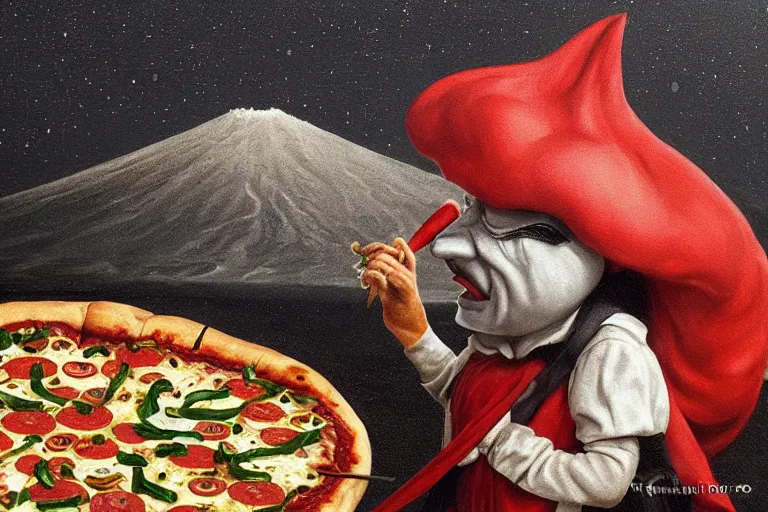 Image similar to a highly detailed pizza! with pulcinella!!! from naples, volcano in the background, black sky, smoke, fire lava, full body, wide angle, an ultrafine detailed painting by rivorio mok, trending on deviantart, whimsical, lowbrow, perfect symmetrical face, sharp focus, octane, masterpiece