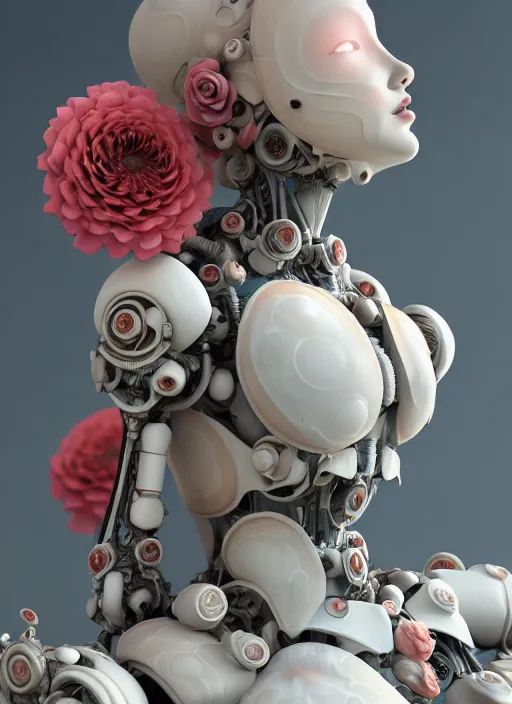 Image similar to perfume sitting on biomechanical corals, daisies, roses in sea foam water, well contoured smooth fair walls with marble statue, up close shot, sharp focus, global illumination, radiant light, alexandre ferra white mecha, irakli nadar, octane highly render, 4 k, ultra hd,