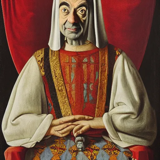 Prompt: A portrait of Mr. bean depicted as a medieval king on a throne, renaissance oil painting