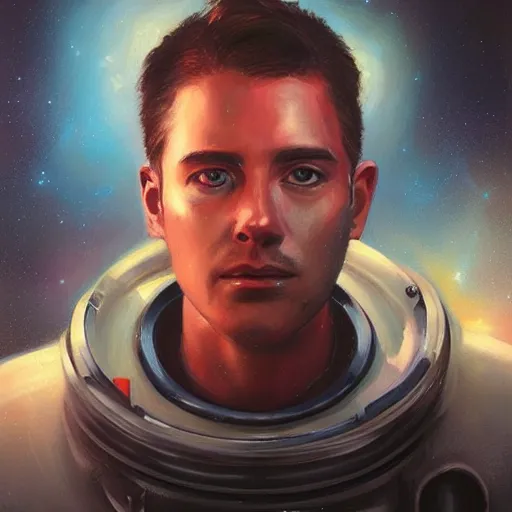 Image similar to portrait painting of a science fiction character space mechanic, retrowave noir, in the style of casey baugh and james jean, hyper realistic face, photorealistic face