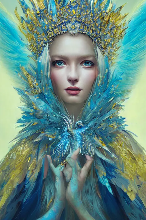 Prompt: beautiful princess with face covered with blue jewels wearing ice feathers, diamonds, angel, fantasy, yellow background beam, dramatic lighting, highly detailed, digital painting, magic the gathering, 3 d render, hyper realistic detailed portrait, peter mohrbacher, wlop, ruan jia