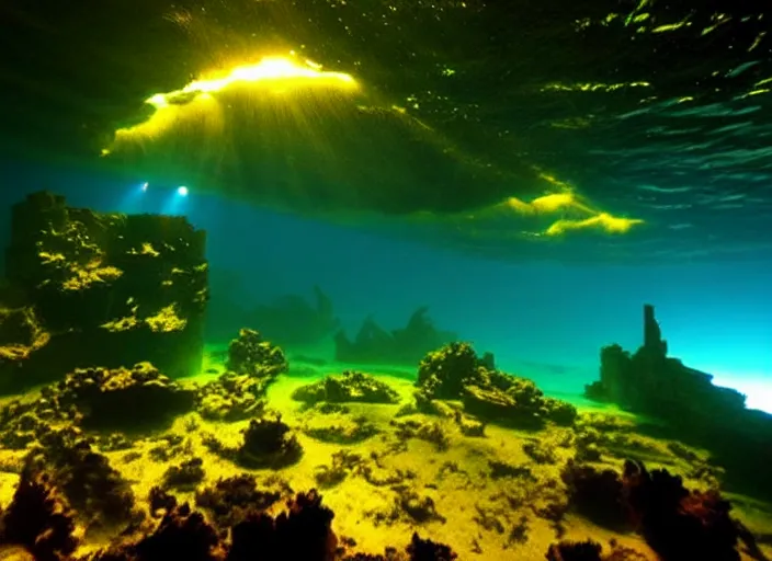 Prompt: atlantis, an amazing underwater city glowing with light below turbulent waters above