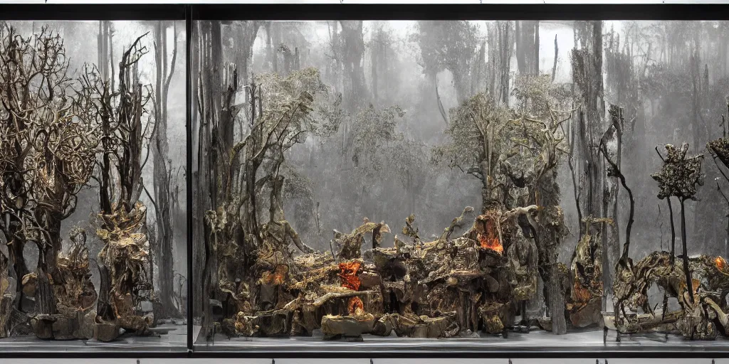 Prompt: the pits of despair, detailed matte painting of a foggy morning landscape with the smouldering embers of trees, in a glass display case assemblage by robert rauschenberg, raqib shaw, kati horna, francis bacon, alberto giacometti, beksiński, mike winkelmann, murnau, dave mckean