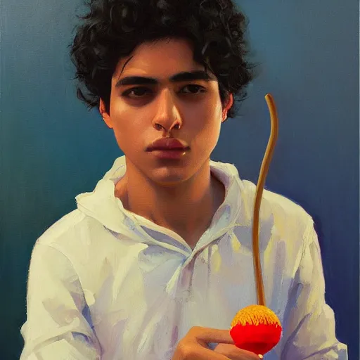 Image similar to oil painting by ilya kuvshinov,, baugh casey, rhads, coby whitmore, of a youthful persian - indian college student, male, curly black hair, holding lolipop, outdoors, highly detailed, breathtaking face, studio photography, dawn, intense subsurface scattering, blush, supple look, innocence, intense sunlight