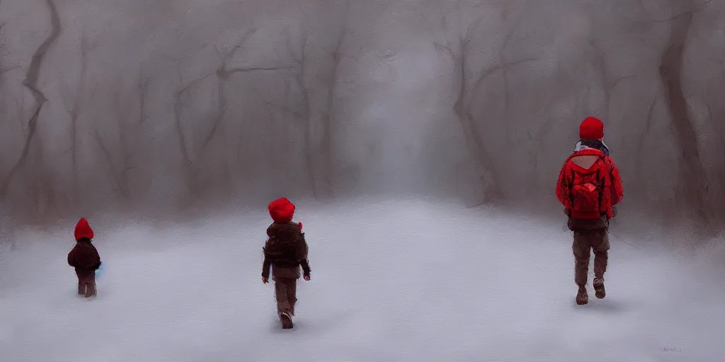 Prompt: A kid with a backpack and a red beanie walking in a snowy forest on his way to school, oil painting by Frank Frazetta, digital art, WLOP, artstation, Mandy Jurgens