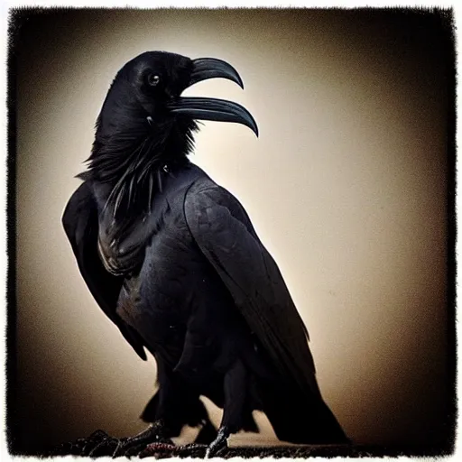 Image similar to “a raven looks at the camera. full of personality and charisma. Striking features and pose.”