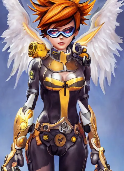 Image similar to full body oil painting of tracer overwatch in the style of artgerm, angel wings, angelic golden armor, dramatic painting, symmetrical composition, ornate, high detail, gold detailed collar!!!!!, blooming, lights, flowers, detailed face,