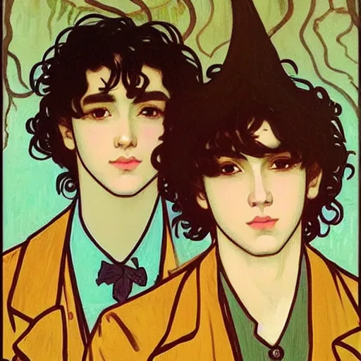 Prompt: painting of young cute handsome beautiful dark medium wavy hair man in his 2 0 s named shadow taehyung and cute handsome beautiful min - jun together at the halloween! party, bubbling cauldron!, candles!, ghosts, autumn! colors, elegant, wearing suits!, clothes!, delicate facial features, art by alphonse mucha, vincent van gogh, egon schiele
