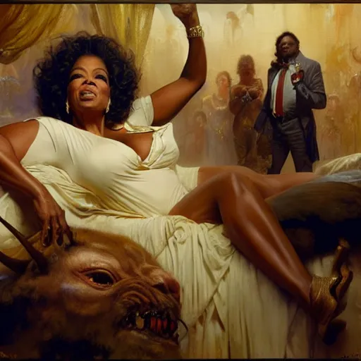 Image similar to oprah winfrey is in her bed, nervous and terrified, because a double horned christopher walken from hell is attacking him. highly detailed painting by gaston bussiere, j. c. leyendecker, greg rutkowski, craig mullins 8 k