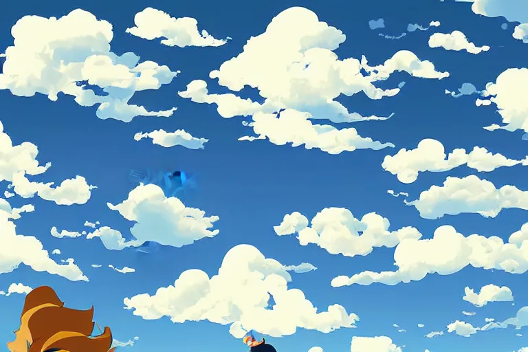 Prompt: clean cel shaded vector art, spiral, curled blue sky fluffy curled clouds, curved clouds, smoke shaped clouds, from lorax movie, by studio ghibli