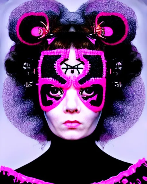 Prompt: symmetrical portrait of a woman face with pink frizzy hair, wearing a embroidered black mask by alexander mcqueen, bjork aesthetic, masterpiece, in the style of miles aldridge, cyberpunk