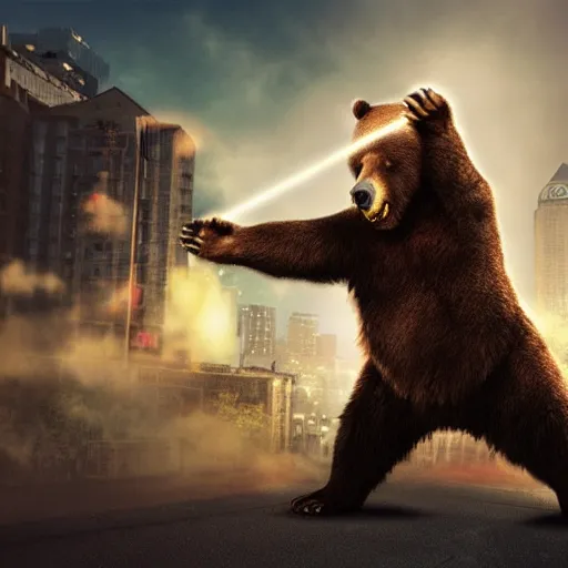 Prompt: a giant angry bear throwing laser by the hands attacking the city, photomanipulation, photoshop, digital art