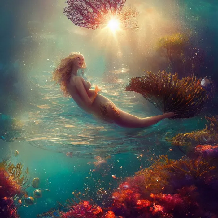 Image similar to glimmering mermaid swimming underwater, golden hour, god rays, coral reef, dreamscape by artgerm and ruan jia and ismail inceoglu and greg olsen, cosmos, milky way galaxy, masterpiece, beautiful, intricate, elegant, highly detailed, palm trees