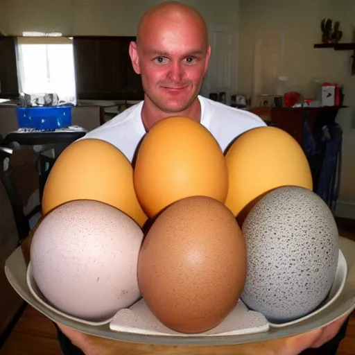 Prompt: a man with eggs, eggs man, super eggs man, very big eggs. proud of his eggs.