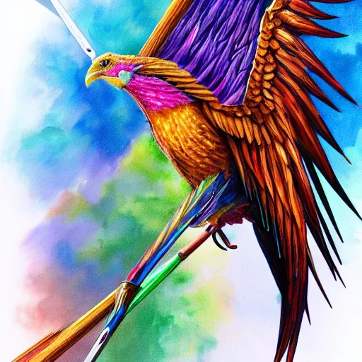 Image similar to picture of long spear made of multicoloured feathered wings, prismatic, full detailed drawing, hyperrealism, full weapon drawing, magic the gathering, white background