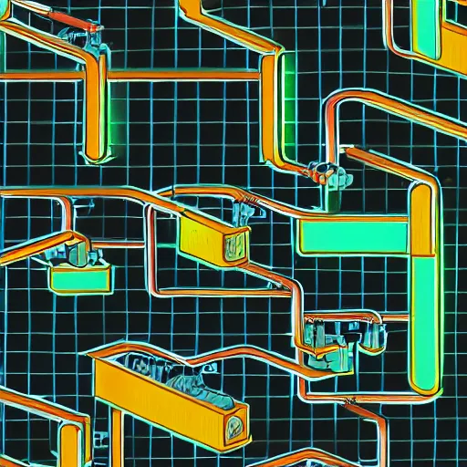 Prompt: HPLC manufacturing plant ambient atmospheric, complex conveyor-roller-belt system colored matte black, cinematic, surreal, neon chalk palettes, Pixar cartoon, awesome art by MC Escher