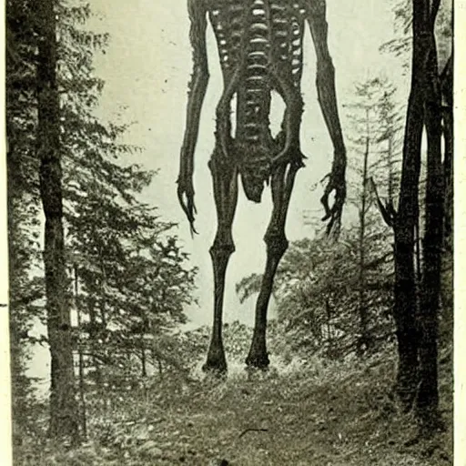 Prompt: scary unproportionally large creature in the woods, 1900s picture