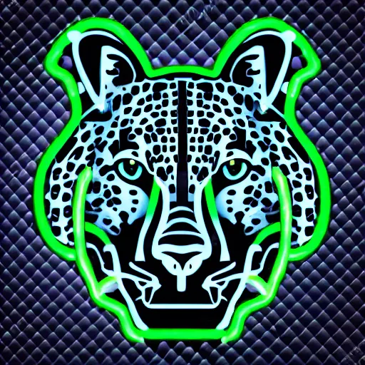 Prompt: minimalistic vector icon of a neon blue cheetah head on black background