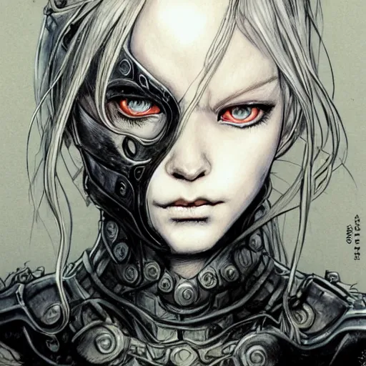 Image similar to character portrait of a girl with wavy white hair and black eyes in the style of yoshitaka amano drawn by alex maleev, highly detailed, elden ring armor