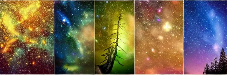 Image similar to beautiful trees, colorful stars and galaxies, trending on artstation, hd photography