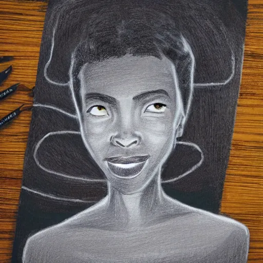 Image similar to black asian woman with cables instead of hair in dark chalk art style