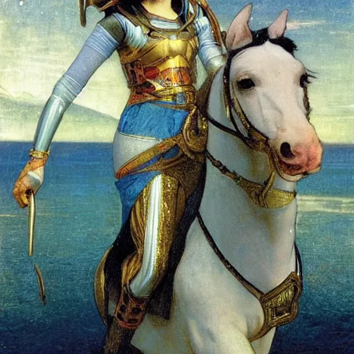 Image similar to Knight girl riding the horse at the palace, refracted sparkles, thunderstorm, greek pool, beach and Tropical vegetation on the background major arcana sky, by paul delaroche, alphonse mucha and arnold böcklin, hyperrealistic 8k, award-winning, very very very detailed