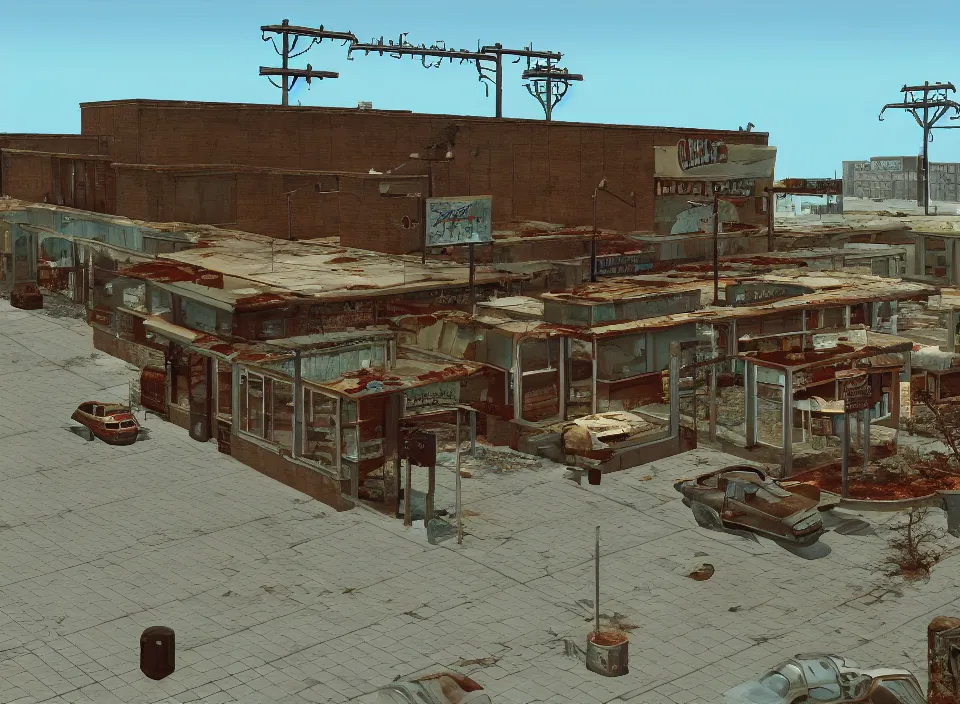 Prompt: Screenshot of the outside of an abandoned rusty McDonald restaurant in Fallout 2 (1998), isometric perspective, postapocalyptic, bird's eye view, high quality