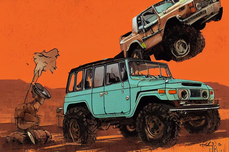 Image similar to digital illustration of mad max's fj 4 0 decrepit pursuit special, rusty nissan fj cruiser 1 9 8 0 s, the last v 8 interceptor by makoto shinkai, ilya kuvshinov, lois van baarle, rossdraws, basquiat