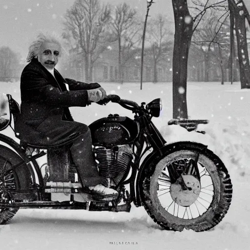 Prompt: a portrait of einstein on a motorcycle in the snow