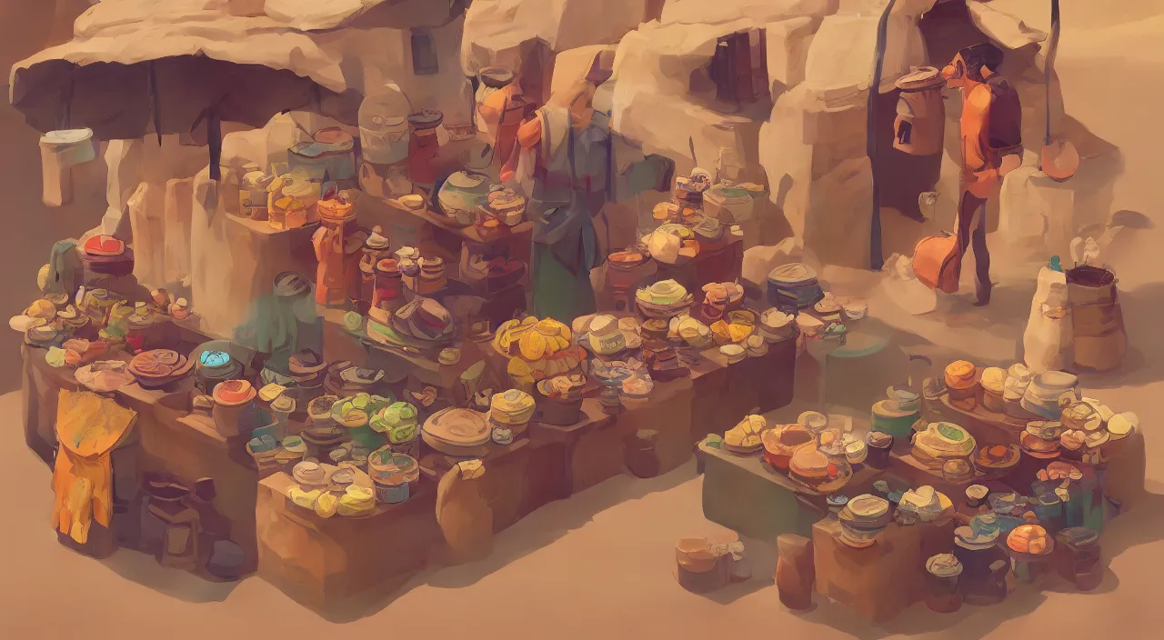 Image similar to A desert shopkeeper selling canteens, trending on artstation