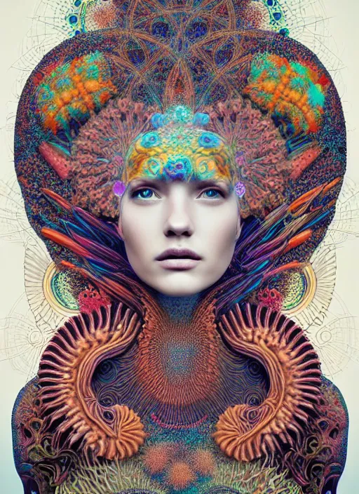 Prompt: ridiculously beautiful young womans face, radiating psychedelics, portals into dimensions, coral, birds, symmetrical, in the style of ernst haeckel, effervescent, sacred geometry, warm, surrealism, photo realistic, epic and cinematic,
