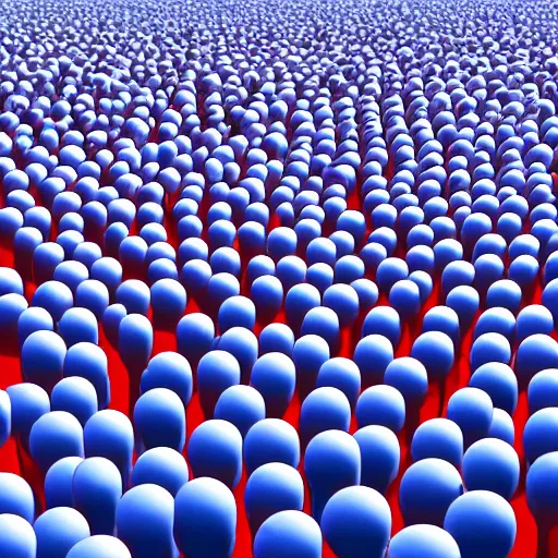 Prompt: a red person inside a giant herd of blue people, pixar graphics quality