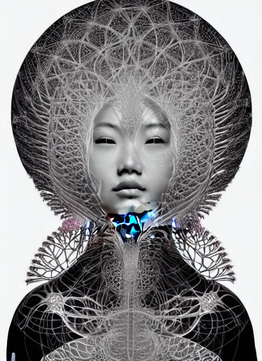 Image similar to ridiculously beautiful young asian woman tripping, caduceus fractals radiating from head with sacred geometry, cosmic, natural, awakening, symmetrical, in the style of ernst haeckel, effervescent, warm, photo realistic, epic and cinematic