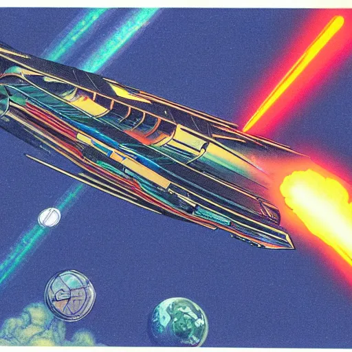 Image similar to starship destroyed by laser beam shot by another starship, 1 9 8 0 s concept art, vintage, high saturation colors, high quality, hand drawn