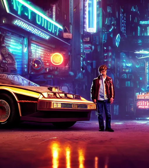 Prompt: marty mcfly standing besides a steampunk delorean in a cyberpunk city, neon signs, futuristic, realistic, 8 k, extremely detailed, cgi, trending on artstation, hyper - realistic render, 4 k hd wallpaper, premium prints available, by greg rutkowski, esuthio, craig mullins, dystopian scifi gear, gloomy