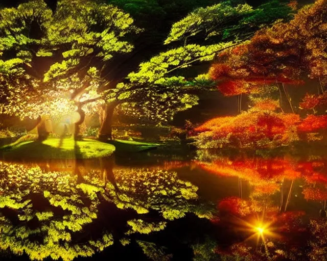 Prompt: canon, 300mm, bokeh, 16k utopian Tokyo city at night future serene beautiful landscape photography of the garden of eden. lake reflections in the foreground, fruit tree's and animals everywhere. sun rays shining through the trees. lens flare. sunset, dramatic lighting by Marc Adamus on mushrooms.